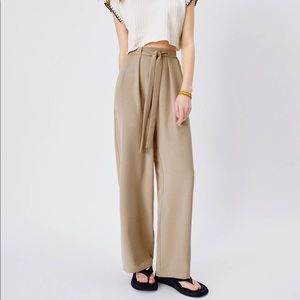Zara New With Tag Women's Flowy Wide-Leg Trouser beige with Fabric Belt Large